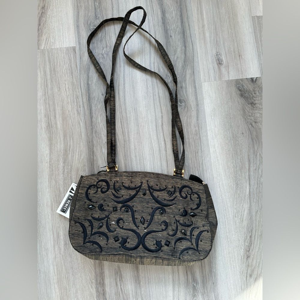 NWT J. Renee black and gold with black embroidery purse